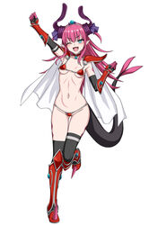  armor armored_boots bikini_armor black_gloves black_thighhighs blue_eyes blush boots breasts cape commentary_request curled_horns detached_collar dragon_horns dragon_tail elbow_gloves elizabeth_bathory_(brave)_(fate) elizabeth_bathory_(fate) fate/grand_order fate_(series) female full_body gauntlets gloves hairband highres horns long_hair looking_at_viewer muta_poo navel one_eye_closed open_mouth pauldrons pink_hair pointy_ears red_armor shoulder_armor small_breasts smile solo tail thighhighs white_cape 