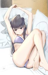  arms_up ass black_eyes black_hair blush bra breasts character_print closed_mouth expressionless feet female half-closed_eyes highres knees_up komi-san_wa_komyushou_desu komi_shouko long_hair looking_at_viewer lying medium_breasts mitsugu on_back on_bed panties pillow purple_bra purple_panties simple_background solo underwear underwear_only 