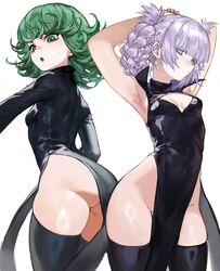  2girls :o adapted_costume alternate_costume armpits arms_behind_head arms_up ass black_dress black_nails black_thighhighs blue_eyes blunt_bangs braided_hair_rings breasts cleavage_cutout closed_mouth clothing_cutout commentary cosplay covered_navel cowboy_shot crossover dress english_commentary fingernails flipped_hair foolish_potato green_eyes green_hair groin hair_rings high_collar highres long_sleeves looking_at_viewer medium_hair multiple_girls nail_polish nanakusa_nazuna_(yofukashi_no_uta) no_panties one-punch_man parted_lips pelvic_curtain purple_hair ringed_eyes short_hair sidelocks simple_background sleeveless sleeveless_dress small_breasts tatsumaki tatsumaki_(cosplay) thick_eyelashes thick_thighs thighhighs thighs turning_head turtleneck v-shaped_eyebrows white_background yofukashi_no_uta 