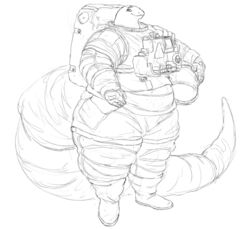  2023 anthro armor astronaut backpack cettus clothed clothing fully_clothed headgear helmet holding_armor holding_headgear holding_helmet holding_object long_tail looking_at_viewer male monochrome overweight overweight_anthro overweight_male reptile scalie smile snake solo spacesuit standing suit tail 