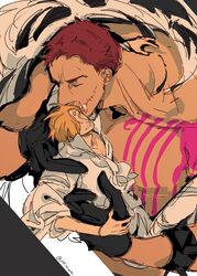  2boys arm_tattoo black_gloves blonde_hair blue_eyes bracelet charlotte_katakuri closed_eyes commentary curly_eyebrows facial_hair fangs giant giant_male gloves hair_over_one_eye height_difference highres jewelry kissing_hair lifting_person looking_at_another male_focus multiple_boys muscular muscular_male one_piece pants pectorals purple_hair sanji_(one_piece) scarf shirt short_hair size_difference smile stitched_mouth stitches symbol-only_commentary tattoo teeth thi_(just_minhthi) twitter_username white_pants white_shirt yaoi 