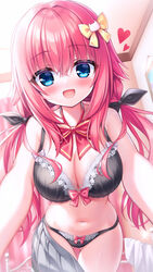  :d ass_visible_through_thighs bed black_bra black_panties blue_eyes blurry blush bow bra breasts cleavage commentary crossed_bangs curtains curvy depth_of_field eyes_visible_through_hair female frilled_bra frills hair_between_eyes hair_ornament hairbow hamidashi_creative happy heart highres indoors large_breasts long_hair looking_at_viewer lovestruck low_twintails navel open_mouth panties pink_hair pov reaching reaching_towards_viewer red_bow ribbon smile solo stomach tokiwa_kano twintails tyutaka0427 underwear very_long_hair yellow_bow 