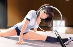  basketball_hoop black_socks blue_buruma blue_butterfly bra bra_visible_through_clothes breasts brown_eyes brown_hair bug buruma butterfly female gym_shirt gym_uniform highres indoors kneehighs looking_at_viewer magnifying_glass medium_breasts nonaka_ritsu original parted_lips puffy_short_sleeves puffy_sleeves see-through shirt shoes short_sleeves socks solo underwear uwabaki wet wet_clothes wet_shirt white_bra white_footwear x-ray_vision 