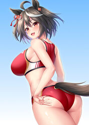  :d ahoge animal_ears ass black_hair blue_background breasts buruma commentary_request female from_behind gradient_background highres horse_ears horse_girl horse_tail kitasan_black_(umamusume) large_breasts looking_at_viewer multicolored_hair open_mouth red_buruma red_eyes red_sports_bra smile solo sports_bra streaked_hair tail thighs umamusume white_hair yuunagi_(0217) 