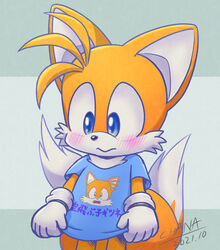  2021 2_tails 5_fingers :s anthro blue_clothing blue_eyes blue_shirt blue_t-shirt blue_topwear blush blush_lines canid canine chana chest_tuft clothing clothing_grab digital_drawing_(artwork) digital_media_(artwork) dipstick_tail facial_tuft fingers fox fur gloves graphic_tee green_background handwear hi_res looking_down male mammal markings multi_tail orange_body orange_fur print_clothing print_shirt print_t-shirt print_topwear sega shirt signature simple_background solo sonic_the_hedgehog_(series) t-shirt tail tail_markings tails text text_on_clothing text_on_shirt text_on_t-shirt text_on_topwear topwear translation_check tuft white_body white_clothing white_fur white_gloves white_handwear yellow_body yellow_fur young young_male 