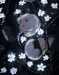  1boy 2b_(nier:automata) 9s_(nier:automata) black_blindfold black_choker black_gloves black_hairband blindfold blue_eyes breasts choker cleavage cleavage_cutout clothing_cutout commentary female field flower flower_field gloves hair_over_one_eye hairband highres juliet_sleeves long_sleeves lying medium_breasts nier:automata nier_(series) no_blindfold on_back parted_lips puffy_sleeves rotational_symmetry turtleneck uqi32 white_hair 