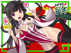  2024 black_thighhighs blunt_bangs breasts chinese_clothes chinese_zodiac cleavage cleavage_cutout clothing_cutout detached_sleeves dragon_girl dragon_horns dragon_tail female highleg highleg_leotard highres horns index_fingers_raised large_breasts leotard long_hair new_year original panda_sasasa purple_eyes red_hair sandals solo speech_bubble tail thighhighs two-tone_leotard year_of_the_dragon 