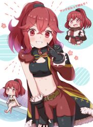  anna_(fire_emblem) belt black_gloves blush breasts brown_belt crop_top female finger_to_cheek fingerless_gloves fire_emblem fire_emblem_engage gloves hair_between_eyes highres jacket long_hair looking_at_viewer midriff mikumiku37 multiple_views one-piece_swimsuit ponytail red_eyes red_hair red_jacket red_shorts shirt shorts skirt small_breasts smile swimsuit warrior_outfit_(fire_emblem_engage) white_background white_one-piece_swimsuit 