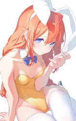  animal_ears arm_support bare_arms blue_bow blue_bowtie blue_eyes bow bowtie breasts cleavage closed_mouth collarbone commentary_request detached_collar fake_animal_ears female fingernails hair_between_eyes hairband leotard long_hair nail_polish nilitsu orange_hair orange_nails playboy_bunny rabbit_ears simple_background sitting small_breasts snack_nili solo strapless strapless_leotard thigh_gap thighhighs tor_(snack_nili) very_long_hair virtual_youtuber white_background white_hairband white_thighhighs wing_collar yellow_leotard 