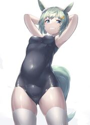  absurdres alternate_costume animal_ears armpits arms_up ass_visible_through_thighs blue_eyes blue_one-piece_swimsuit breasts commentary_request cowboy_shot ear_covers female grey_hair hair_ornament hairclip highres horse_ears horse_girl horse_tail looking_at_viewer one-piece_swimsuit saikuu seiun_sky_(umamusume) short_hair simple_background single_ear_cover small_breasts smile solo swimsuit tail thighhighs umamusume white_background white_thighhighs 