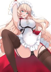  absurdres apron arm_up azur_lane black_garter_straps black_panties blonde_hair brown_thighhighs detached_sleeves dress female frilled_apron frills garter_straps green_eyes highres howe_(azur_lane) howe_(pastry_princess)_(azur_lane) lace-trimmed_legwear lace_trim long_hair looking_at_viewer maid_headdress mikuchi3939 official_alternate_costume open_mouth panties pantyshot solo thighhighs underwear very_long_hair white_apron white_dress 