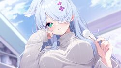  :3 artist_name blue_hair blue_nails breasts commentary deyui elira_pendora english_commentary female green_eyes hair_ornament hair_over_one_eye hair_wings highres holding lap_pov large_breasts long_hair looking_at_viewer mimikaki nijisanji nijisanji_en ribbed_sweater sky smile solo sweater upper_body virtual_youtuber white_sweater 