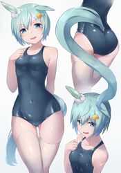  alternate_costume animal_ears armpits ass_visible_through_thighs blue_eyes blue_one-piece_swimsuit breasts commentary_request cowboy_shot ear_covers female grey_hair hair_ornament hairclip highres horse_ears horse_girl horse_tail looking_at_viewer multiple_views one-piece_swimsuit saikuu seiun_sky_(umamusume) short_hair simple_background single_ear_cover small_breasts smile swimsuit tail thighhighs thighs umamusume white_background white_thighhighs 