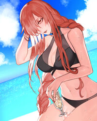  beach bikini black_bikini blue_sky bracelet braid breasts cleavage cloud cup day fate/grand_order fate_(series) female gotronix hair_over_one_eye highres holding holding_cup horizon ice ice_cube jewelry long_hair looking_at_viewer midriff navel ocean oda_nobunaga_(fate) oda_nobunaga_(maou_avenger)_(fate) outdoors red_eyes red_hair sand single_braid sky solo swimsuit very_long_hair water wet 