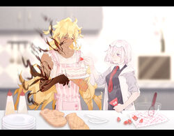  1boy apron arm_tattoo black_shirt blonde_hair blurry blurry_background blush breasts brown_gloves cake collared_shirt colored_extremities commentary dark-skinned_male dark_skin eyewear_on_head fate/grand_order fate_(series) female food fork fruit glasses gloves glowing_tattoo goetia_(fate) gradient_skin grey_jacket hair_over_one_eye hand_up highres holding holding_food holding_fork holding_fruit jacket kitchen letterboxed long_hair looking_at_object looking_down mash_kyrielight medium_breasts mixing_bowl multicolored_clothes multicolored_jacket necktie one_eye_covered open_clothes open_jacket parted_lips paw_print pink_apron pink_hair plate plate_stack print_apron purple_eyes red_eyes red_necktie shirt short_hair sleeves_rolled_up smile squeeze_bottle standing strawberry tattoo torijo torn_clothes torn_shirt two-tone_jacket unworn_gloves whisk white_jacket white_shirt 