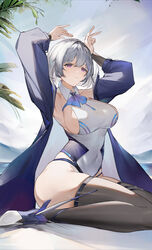  absurdres armpits arms_up ascot azur_lane bare_shoulders black_thighhighs blue_ascot blue_jacket blue_leotard breasts closed_mouth collared_leotard covered_navel female flantia highres jacket large_breasts leaf leotard long_sleeves looking_at_viewer mole mole_under_mouth purple_eyes san_jacinto_(azur_lane) short_hair sideboob sitting skindentation solo thigh_strap thighhighs two-tone_leotard white_hair white_leotard 