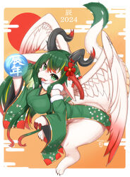  2024 anthro asian_clothing belly_scales big_breasts blush bottomless breasts claws clothed clothing cute_fangs digitigrade dragon dutch_angle east_asian_clothing feathered_wings feathers female fur furred_dragon furred_scalie green_eyes green_hair hair hi_res high-angle_view horn horokusa0519 japanese_clothing looking_at_viewer mythological_creature mythological_scalie mythology new_year_2024 no_underwear scales scalie semi-anthro smile solo tail thick_tail thick_thighs toe_claws white_body wide_hips wings 