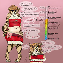  1:1 2024 accessory angry anthro belly blush bottomwear bottomwear_down bow_accessory bow_ribbon breast_squish breasts bree_(kiit0s) brown_body brown_fur christmas christmas_clothing chubby_cheeks cleavage clothed clothing colored constructed_language dialogue digital_drawing_(artwork) digital_media_(artwork) digitigrade donation_drive ears_down english_text extinct fangs feet felid feline female festive fur fur_pattern green_eyes hair halter_top hi_res holidays kiit0s mammal miniskirt navel open_mouth overweight overweight_anthro overweight_female panties pencil_skirt pink_bow pivoted_ears prehistoric_species purple_hair red_bottomwear red_clothing red_skirt red_topwear ripping_clothing ripping_sound_effect saber-toothed_tiger sabertooth_(anatomy) sabertooth_feline short_hair short_tail signature simple_background skirt skirt_around_legs skirt_down slightly_chubby slightly_chubby_anthro slightly_chubby_female small_clothing solo squish standing tail tan_hair teeth text thick_thighs thigh_squish tight_bottomwear tight_clothing tight_topwear toes tongue topwear torn_clothing underwear wide_hips yelling yellow_eyes 