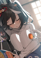  1other :o ahoge animal_ears black_hair breasts cellphone closed_eyes commentary_request ear_ornament female flower_ornament food fruit hair_between_eyes highres horse_ears horse_girl kitasan_black_(umamusume) large_breasts long_sleeves lying mandarin_orange multicolored_hair on_side oppai_mochi orange_(fruit) phone sasanon_(sasapoliton) shirt short_hair sleeping streaked_hair sweater sweep_tosho_(umamusume) turtleneck turtleneck_sweater umamusume white_hair white_shirt white_sweater 