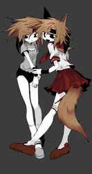  2girls animal_ears black_buruma black_eyes black_headband breasts brown_hair buruma chinese_commentary closed_mouth commentary_request dog_ears dog_girl dog_tail dual_persona genderswap_(otf) grey_background grey_footwear grey_shirt gym_shirt gym_uniform headband holding_another&#039;s_wrist kneehighs kurohebi len&#039;en ling_s mary_janes miniskirt multiple_girls neckerchief no_nose oerba_yun_fang open_mouth pleated_skirt red_neckerchief red_sailor_collar red_skirt rule_63 sailor_collar sailor_shirt shirt shoes short_hair short_sleeves simple_background skirt small_breasts smile socks tail white_shirt white_socks 