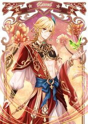  1boy abs armlet artist_name bangle blonde_hair bracelet bug butterfly character_name commentary crystalfly_(genshin_impact) earrings feather_hair_ornament feathers flower genshin_impact gold_trim green_butterfly hair_between_eyes hair_ornament heavenlove jewelry kaveh_(genshin_impact) long_sleeves looking_at_viewer male_focus red_eyes standing toned 