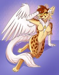  2019 anthro avian blep breasts brown_body brown_fur cheetah citrinelle citrinelle_(character) cute_fangs digital_media_(artwork) digitigrade european_mythology feathered_wings feathers featureless_breasts felid feline female forearms fur greek_mythology hi_res hybrid king_cheetah mammal mythological_avian mythological_bird mythological_creature mythological_firebird mythology nude phoenix scaled_forearms scales simple_background solo spots tan_body tan_fur tongue tongue_out white_wings wings yellow_eyes yellow_sclera 