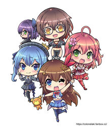  0th_generation_(hololive) 5girls a-chan_(hololive) ahoge ankimo_(tokino_sora) arm_up beret blue_eyes blue_hair blue_skirt bow brown_hair chibi colonel_aki commentary_request dress flower glasses green_eyes hair_between_eyes hair_flower hair_ornament hairbow hat hololive hoshimachi_suisei hoshimachi_suisei_(1st_costume) leg_up long_hair looking_at_viewer looking_to_the_side multiple_girls nontraditional_miko one_eye_closed open_mouth photoshop_(medium) pink_hair pleated_dress purple_hair roboco-san roboco-san_(1st_costume) sakura_miko sakura_miko_(old_design) short_hair simple_background skirt smile star_(symbol) star_hair_ornament thighhighs tokino_sora tokino_sora_(1st_costume) virtual_youtuber white_background yellow_eyes zettai_ryouiki 