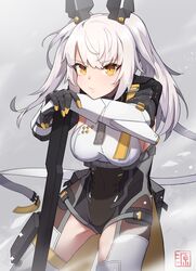  absurdres berudora breasts closed_mouth female headgear highres holding holding_weapon huge_weapon karenina:_scire_(punishing:_gray_raven) karenina_(punishing:_gray_raven) long_hair medium_breasts punishing:_gray_raven sideboob solo two_side_up weapon white_hair yellow_eyes 