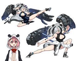  2girls ahoge animal_ears animal_hood arknights breasts china_dress chinese_clothes cleavage_cutout clothes_around_waist clothing_cutout dress evolvingmonkey eyewear_on_head feater_(arknights) fighting_stance flying_kick grey_hair highres hood jacket jacket_around_waist kicking large_breasts mechanical_arms multicolored_hair multiple_girls nijisanji oerba_yun_fang panda_hood pink_hair sasaki_saku sasaki_saku_(1st_costume) streaked_hair sunglasses twintails virtual_youtuber white_background 