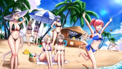  6+girls absurdres alternate_costume animal_band animal_ears aquila_(a_sip_of_sardegnian_elegance)_(azur_lane) aquila_(azur_lane) arm_garter ass azur_lane ball beach beach_umbrella beach_volleyball bikini black_bikini blonde_hair blue_eyes blue_sky bottle breasts charybdis_(azur_lane) cheshire_(azur_lane) cheshire_(summery_date!)_(azur_lane) choker closed_eyes cloud cloudy_sky day eyewear_on_head fake_animal_ears green_eyes grey_hair hakuryuu_(azur_lane) hat highleg highleg_bikini highres hiryuu_(azur_lane) huge_breasts large_breasts long_hair luxe manjuu_(azur_lane) medium_breasts multicolored_hair multiple_girls navel new_jersey_(azur_lane) new_orleans_(azur_lane) north_carolina_(azur_lane) official_alternate_costume open_mouth outdoors palm_tree picnic_basket purple_bikini purple_choker rabbit_ears red_hair running san_diego_(azur_lane) side_ponytail sitting sky spread_legs standing strapless strapless_bikini streaked_hair summer sun_hat swimsuit thatched_roof tinted_eyewear tree umbrella very_long_hair volleyball volleyball_(object) volleyball_net water white_choker white_hair white_headwear 