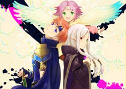  1boy 2girls :d angel_wings armor back-to-back blue_armor blue_cape blue_eyes blue_gloves cape cloak commentary_request facial_mark fae_(fire_emblem) feathered_wings fingerless_gloves fire_emblem fire_emblem:_the_binding_blade forehead_mark gloves green_eyes heterochromia idunn_(fire_emblem) multiple_girls open_mouth pauldrons pink_hair pointy_ears purple_cape purple_cloak red_eyes red_hair roy_(fire_emblem) shoochiku_bai shoulder_armor sidelocks smile sword weapon white_hair wings 