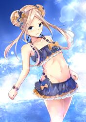  abigail_williams_(emerald_float)_(fate) abigail_williams_(fate) bare_shoulders bikini black_bow blonde_hair blue_eyes blue_sky blush bow breasts collarbone commentary_request cucchiore day double_bun fate/grand_order fate_(series) female forehead frilled_bikini frills hair_bun hairbow highres lens_flare long_hair looking_at_viewer miniskirt multiple_bows navel ocean official_alternate_costume open_mouth orange_bow parted_bangs polka_dot polka_dot_bow scrunchie skirt sky small_breasts smile solo sunlight swimsuit thighs wrist_scrunchie 