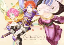  1boy 2girls :d armor back-to-back bare_shoulders blue_armor blue_cape blue_eyes blue_gloves blue_headband cape character_name cloak collarbone commentary_request dress facial_mark fae_(fire_emblem) fingerless_gloves fire_emblem fire_emblem:_the_binding_blade forehead_mark gloves green_eyes headband idunn_(fire_emblem) looking_at_another looking_at_viewer looking_back multiple_girls off-shoulder_dress off_shoulder open_mouth pauldrons pink_hair pointy_ears purple_dress red_hair roy_(fire_emblem) shoochiku_bai shoulder_armor sidelocks smile sword weapon white_hair wings 