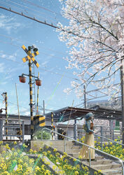  bag blue_sky boom_barrier branch building cherry_blossoms commentary daigo_fujiie dated day falling_petals female flower grass handbag handrail hat highres horn_speaker jacket light_rays original outdoors petals power_lines railing railroad_crossing railroad_signal railroad_tracks scenery short_hair sign skirt sky solo stairs tree utility_pole 