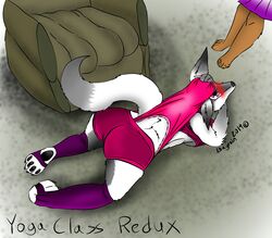  absurd_res anthro ass atomic atomic_wedgie bayrain big_butt blush bottomwear canid canine clothing embarrassed female gym hi_res mammal old panties pants remake shorts spread_legs spreading underwear wedgie work yoga 