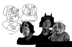  animal_humanoid anthro armor duo english_text female hair headgear helmet hi_res humanoid humor male mammal melissa_mouffette meme mephitid mike_and_melissa mike_chenoweth monochrome shitpost simple_background skunk stingercorps text 