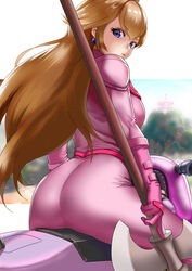  absurdres armor ass biker_clothes biker_peach bikesuit blonde_hair blue_eyes bodysuit breasts commentary crown earrings female gloves highres jewelry long_hair looking_at_viewer looking_back mario_(series) motor_vehicle motorcycle official_alternate_costume pink_bikesuit pink_bodysuit pink_gloves princess_peach princess_peach&#039;s_castle shoulder_armor solo the_super_mario_bros._movie yagi_(joe731842) 