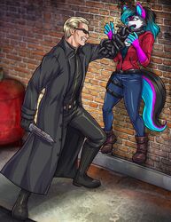  absurd_res albert_wesker anthro asphyxiation boots bottomwear bow_experiment_(resident_evil) canid canine canis capcom choking claire_redfield clothed clothing coat cosplay costume dead_by_daylight denim denim_bottomwear denim_clothing dominant dominant_human dominant_male duo female footwear fully_clothed gloves handwear hi_res human humanoid hybristophilia jacket jeans knife leather lifted_by_neck male male/female mammal pants pinned pinned_by_hand pinned_to_wall red_clothing red_jacket red_topwear resident_evil roleplay scared shaiyano size_difference strangling submissive submissive_female tentacle throat_grab topwear trenchcoat uroboros_virus_mutant_(resident_evil) wolf yozora 