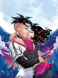  1boy black_hair breasts building cebolinha_(turma_da_monica) closed_eyes commentary couple facing_another female full_moon highres jewelry long_sleeves monica_(turma_da_monica) moon night night_sky official_art outdoors pocket portuguese_commentary ring short_hair sky small_breasts standing straight thumb_ring turma_da_monica turma_da_monica_jovem upper_body zazo_aguiar 