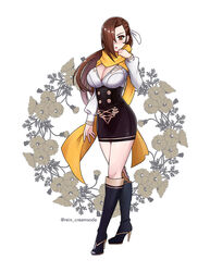  boots breasts brown_eyes brown_hair cleavage commission curvy female fire_emblem fire_emblem:_three_houses fire_emblem_fates flower full_body garreg_mach_monastery_uniform hair_over_one_eye high_heel_boots high_heels kagero_(fire_emblem) large_breasts lips long_hair rein_creamsoda ribbon scarf solo water white_background white_ribbon yellow_scarf 