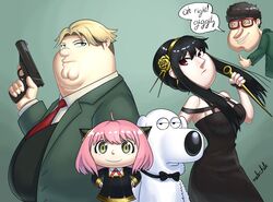  3boys anya_(spy_x_family) black_dress black_hair blonde_hair bond_(spy_x_family) breasts brian_griffin brown_hair canine closed_mouth collared_shirt crossover dagger dress eden_academy_school_uniform english_commentary family_guy fat female flower franky_franklin from_side glasses glenn_quagmire gold_hairband green_background green_jacket gun hair_between_eyes hair_flower hair_ornament hairband highres holding holding_gun holding_knife holding_weapon jacket knife labrador_retriever lipstick lois_griffin long_hair looking_at_viewer looking_to_the_side makeup malachite_27346 medium_breasts medium_hair multiple_boys necktie obese peter_griffin pink_hair red-framed_eyewear red_necktie school_uniform shirt short_hair simple_background speech_bubble spy_x_family stewie_griffin stiletto_(weapon) thumbs_up trigger_discipline twilight_(spy_x_family) twitter_username very_short_hair weapon white_shirt yor_briar 