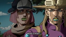  1boy araki_hirohiko_(style) blue_eyes blue_lips bob_cut brown_hair clenched_teeth closed_mouth cowboy_hat day fake_screenshot female forest frown goggles goggles_on_headwear gold_teeth grandguerrilla green_eyes green_lips gyro_zeppeli hat hot_pants_(sbr) jojo_no_kimyou_na_bouken lipstick long_hair looking_at_viewer makeup medium_hair nature official_style outdoors parted_lips pink_hair purple_shirt sanpaku shirt steel_ball_run subtitled teeth tree twitter_username 