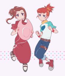  2girls belt brown_belt closed_mouth crossover denim digimon digimon_adventure digimon_tamers jeans looking_at_viewer makino_ruki multiple_girls natsuki_(aisae) orange_hair pants pink_headwear red_footwear tachikawa_mimi 