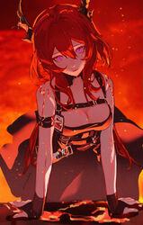  arknights bare_shoulders breasts demon demon_girl demon_horns dress fingerless_gloves gloves glowing glowing_eyes highres horns id_card lirseven long_hair looking_at_viewer molten_rock purple_eyes red_hair surtr_(arknights) 