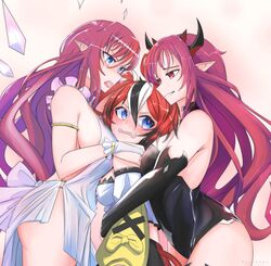  3girls absurdres angel animal_ears blue_eyes blush breasts bridal_gauntlets demon_girl detached_sleeves dress dual_persona girl_sandwich hakos_baelz highres hololive hololive_english horns irys_(hololive) leotard long_hair mouse_ears multicolored_hair multiple_girls no_panties open_mouth pointy_ears purple_eyes purple_hair red_hair sandwiched sideboob streaked_hair the_raineman virtual_youtuber yuri 