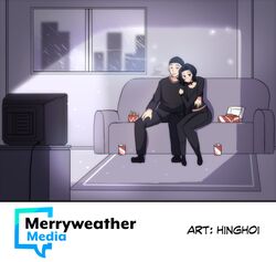  1boy beanie black_eyes black_hair black_headwear black_legwear black_pants black_shirt choker collaboration couch doomer doomer_girl female hat highres hinghoi indoors merryweather original pants shirt sitting smoking socks television watching_television 