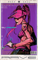  barcode copyright_request dated earrings female hat hat_over_eyes hidden_eyes jewelry limha_lekan lipstick makeup photoshop_(medium) pink_hair purple_background rave_party scan solo twintails visor_cap watch 