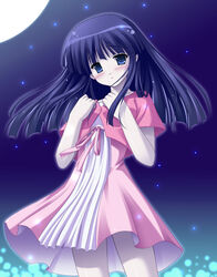  blue_eyes blue_hair blush dress female long_hair moon night ribbon solo uehiro xxxholic zashiki-warashi zashiki-warashi_(xxxholic) 