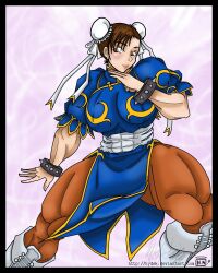  abs bb blush brown_eyes brown_hair bun_cover chinadress chun-li double_bun hydek muscle spiked_bracelet street_fighter thick_thighs 