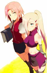  banned_artist blonde_hair blue_eyes book green_eyes ino_yamanaka midriff multiple_girls naruto naruto_(series) pink_hair ponytail sakura_haruno short_hair thighhighs yokige 